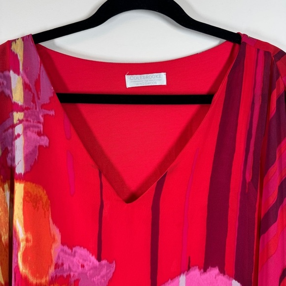 Colebrooke by Windsmoor Red Floral Stripe Poncho Blouse Size Small Sheer Overlay - Picture 3 of 12